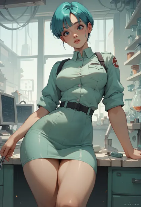 bulma, a beautiful female scientist inventor wearing a uniform in character, tight and short dress showing the curves of her body