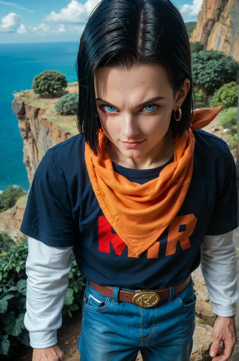 score_9,score_8_above,score_7_above, score_6_above, to break, android 17,1 boy, alone,aboveper body,Monte Paozu ,  blue sky,  cloud, A gram, fine mountain , [cliff, bush, outdoor,  black hair, short hair,  light blue eyes ,  black t-shirt, LONG SLEEVES ON ...