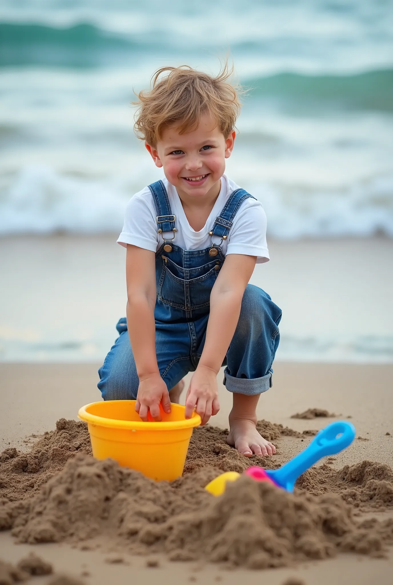 Ultra realistic photo, produced by a professional with a high-quality camera. a happy cuty  boy, ten years old, building a beautiful house with sand, a bucket, a colorful plastic shovel. on the edge of the beach with beautiful foaming and transparent waves...