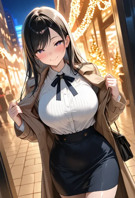 (best quality, masterpiece, ultra detailed, high resolution), Beautiful 8K CG artwork, Enriched photography, anatomically accurate body, depth of field,  1girl, elegant yet sexy girl, (long hair, black straight hair, swept bangs), 
round large breasts, bre...