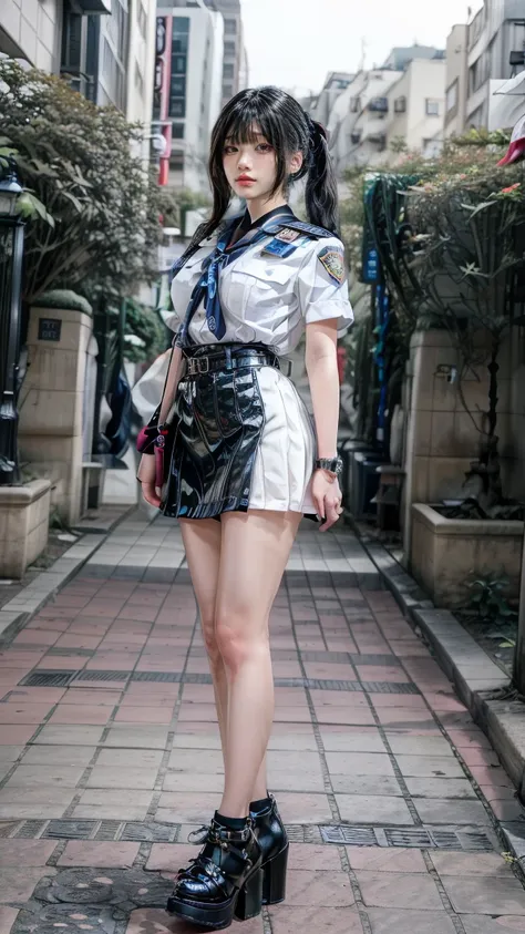 beautiful Japanese woman, 22 years old, perfect anatomy, healthy thighs, beautiful legs, beautiful skin, random hair color, random hairstyle, large breasts, female police officer, (Japanese police uniform:1.3), (miniskirt:1.3), (she is standing:1.2), full ...