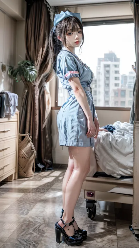 a beautiful young 24-year-old Japanese woman, beautiful, detailed anatomy, beautiful skin, random hair color and hairstyle, big breasts, nurse hat, (nurse uniform:1.3), nurse cap, (she is standing:1.2), full body shot, high heels, hospital, (best quality,8...