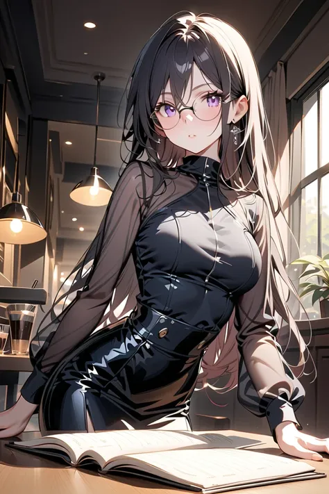 (masterpiece, best quality, ultra-detailed), (sophisticated and elegant atmosphere, warm soft lighting),  
(black-haired long straight hair, round glasses, intelligent and refined expression, composed and confident, Kanade Kurosaki, Black Kurosaki),  
(wea...