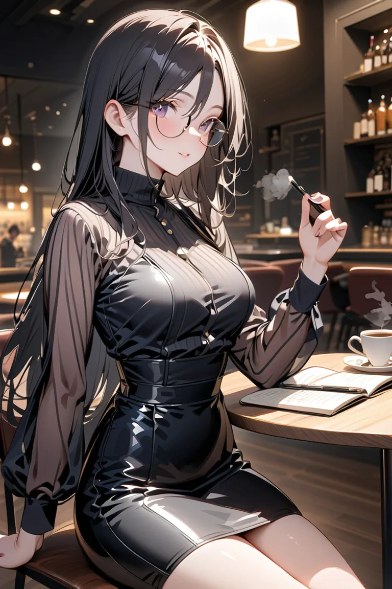 (masterpiece, best quality, ultra-detailed), (sophisticated and elegant atmosphere, warm soft lighting),  
(black-haired long straight hair, round glasses, intelligent and refined expression, composed and confident, Kanade Kurosaki, Black Kurosaki),  
(wea...