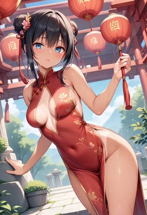 masterpiece, best quality, delicate illustration,ultra detailed skin,  Black Hair, 
(1girl:1.2), (tan:1.0), Medium Breast, sexual See-through red (Chinese dress:1.2), (no panties:1.0), (no bra:1.2),  (love juice:1.2), (outdoor), (active motion:1.3), (sweat...