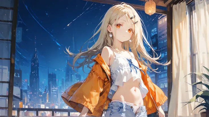 Shinosawa Hiro ,thin, orange eyes from the side diagonally, white lashes, blonde, long hair, hair clip,Small earrings, flat chest,belly button, thighs、 night cityscape ,solo,whole body,white small camisole,Small blue hot pants with open zippers , orange sm...