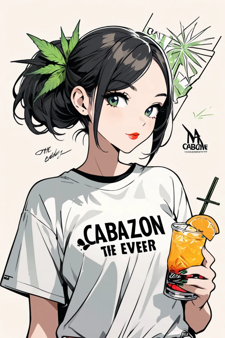 Hyperrealistic Banksy-esque,  CABAZON on the shirt, Simple Line Acronym Abstract Painting ,  fashionable design,  The Most Beautiful Girl Ever , marihuana Girl ,  drinks Fashion, (CABAZON)