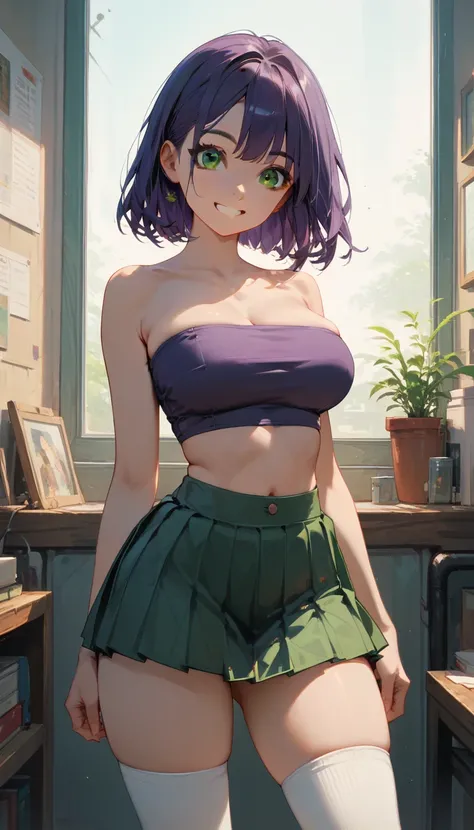 (masterpiece, highres, high resolution:1.2), anime, illustration, drawn
,
1 girl, (20 years old)  violet hair woman, green eyes, (young), (cute), perfect body, (curvy), (big breasts), (thick thighs), slim waist
,
tube top, pleated skirt, micro skirt, midri...