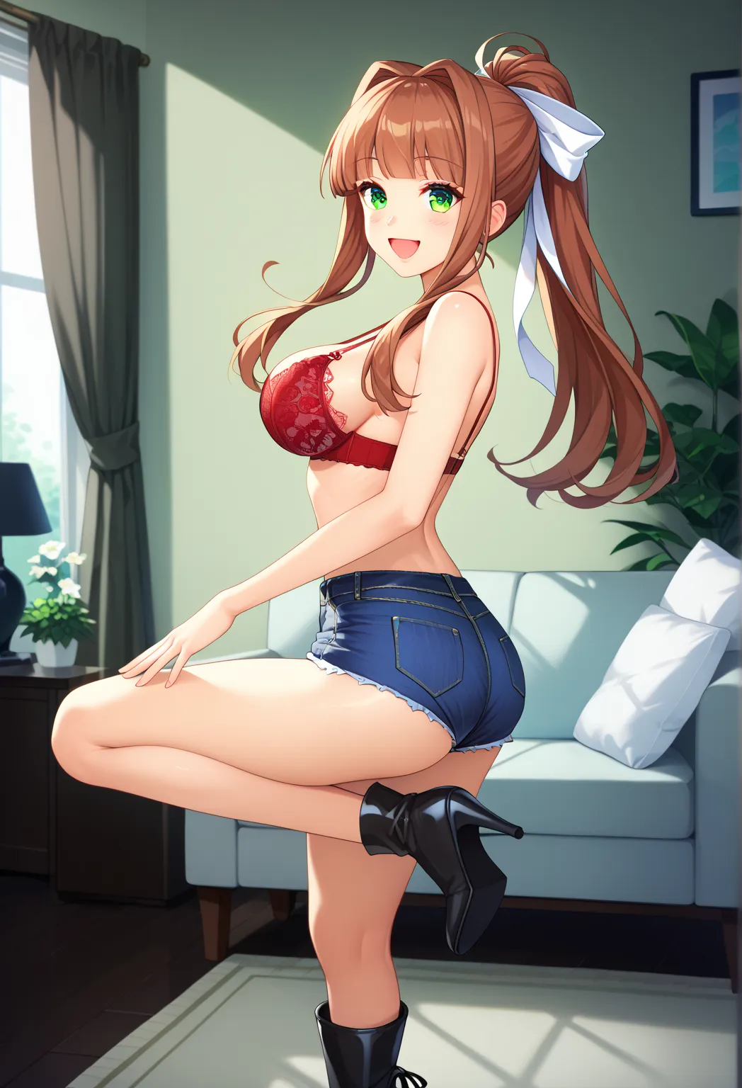 ((full pose:1.5)), ((denim shorts:1.5)), ((black high heels boots)), red lace bra, ddlcmonika, blunt bangs, brown hair, (green eyes:1.5), long hair, ponytail, ribbon, white ribbon, hair ribbon, sidelocks, ((happy face:1.4)),
BREAK living room background, (...