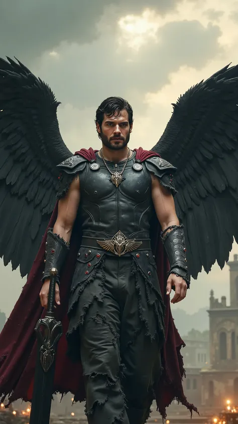 Henry Cavill reimagined as a majestic fallen angel with huge black angel wings with detailed feathers walking and holding staff、dramatic atmosphere, 1 male、
piercing steel-blue eyes glow with a quiet, eternal wisdom. His dark, tousled hair falls slightly...
