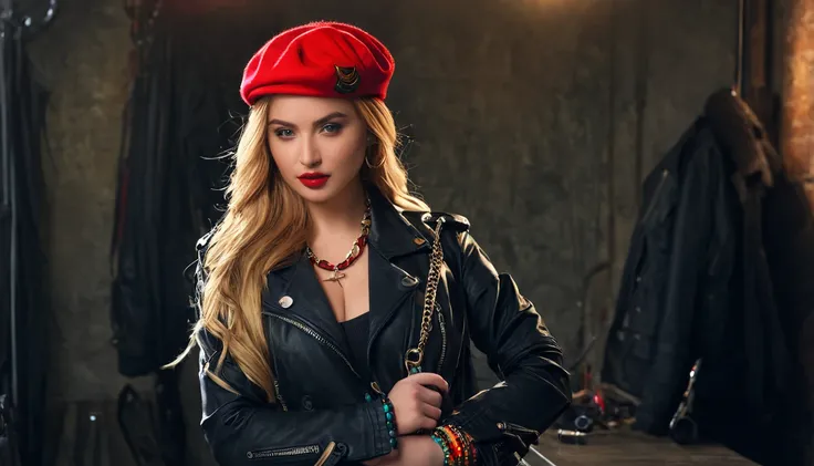 AnadeArmas,Realistic photo of a beautiful woman, 1girl, solo,  plump sexy body, long hair, red hat, jewelry, blond hair, jacket, multicolored hair, necklace, bracelet, lips, realistic, fashion, soft lighting, professional Photography, Photorealistic, detai...