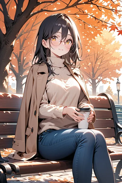 (masterpiece, best quality, ultra-detailed), (crisp autumn afternoon, warm golden sunlight filtering through park trees, fallen leaves scattered on the pavement),  
(black-haired long straight hair, round glasses, soft and relaxed expression, calm yet styl...