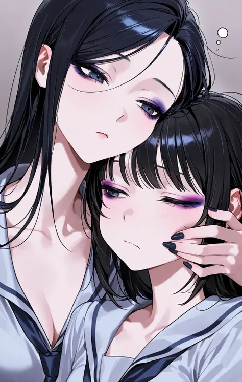 [makeup:1.3] gals, implied yuri, cool beauty, 2 women, black hair, small breast, slender body, sulking, sleepy rest, face close_up, school uniform, head on another’s cheek,