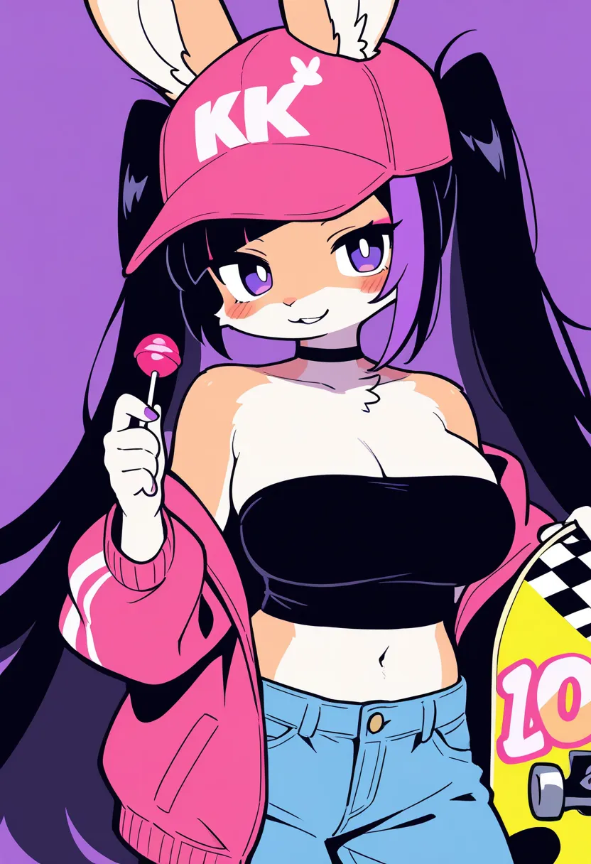 1girl, (furry, kemono:1.4), rabbit girl, animal nose, rabbit ears, breasts, lollipop, candy, solo, food, strapless, pants, navel, cleavage, twintails, skateboard, choker, tube top, holding, multicolored hair, black hair, holding food, hat, jacket, pink jac...