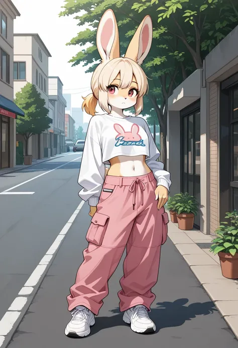 1girl, (furry, kemono:1.4), rabbit girl, animal nose, rabbit ears, solo, pants, cargo pants, baggy pants, blond hair, navel, midriff, outdoors, shirt, white shirt, tree, white footwear, full body, pink pants, standing, crop top, street, long sleeves, print...