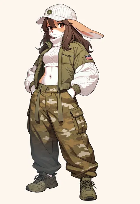 1girl, (furry, kemono:1.4), rabbit girl, animal nose, rabbit ears, solo, pants, cargo pants, baggy pants, midriff, cap, white knit cap, camouflage, long hair, brown hair, jacket, navel, crop top, camouflage pants, shoes,