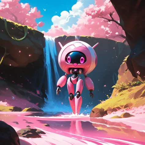  semi-real ,anime,The fantastic world of pink,pink alien ,pink Ai robot,pink planet,A World Only in Pink': A painting style that harmonizes three-dimensional images and two-dimensional balance,Pink Cloud,pink alien ,pink sand,pink waterfall,pink river'