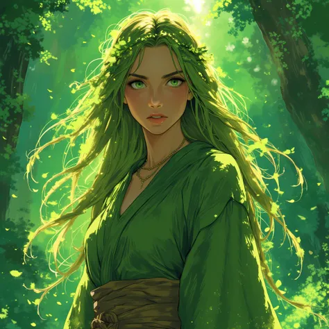 A 212 year olrd woman who appears much younger due to her connection to nature and druidic magic. Long, flowing hair the color of lush, vibrant green, often interwoven with wildflowers and leaves. Moss-green eyes. Skin is fair, with a subtle, healthy glow....