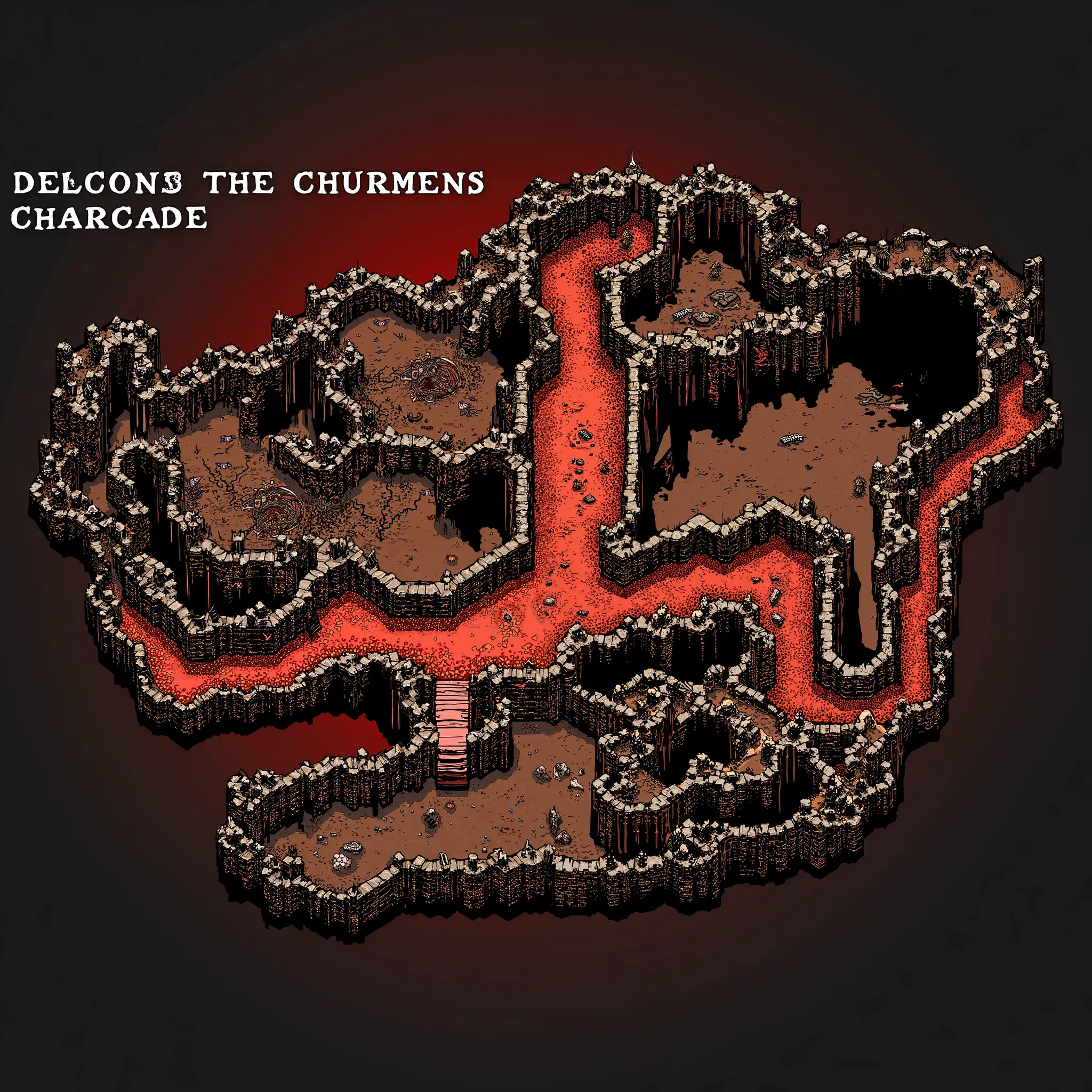 cave dungeon map, straight paths, map of cave system in a rpg, red hue