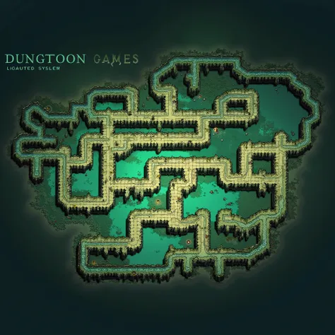 cave dungeon map, straight paths, map of cave system in a rpg, green hue