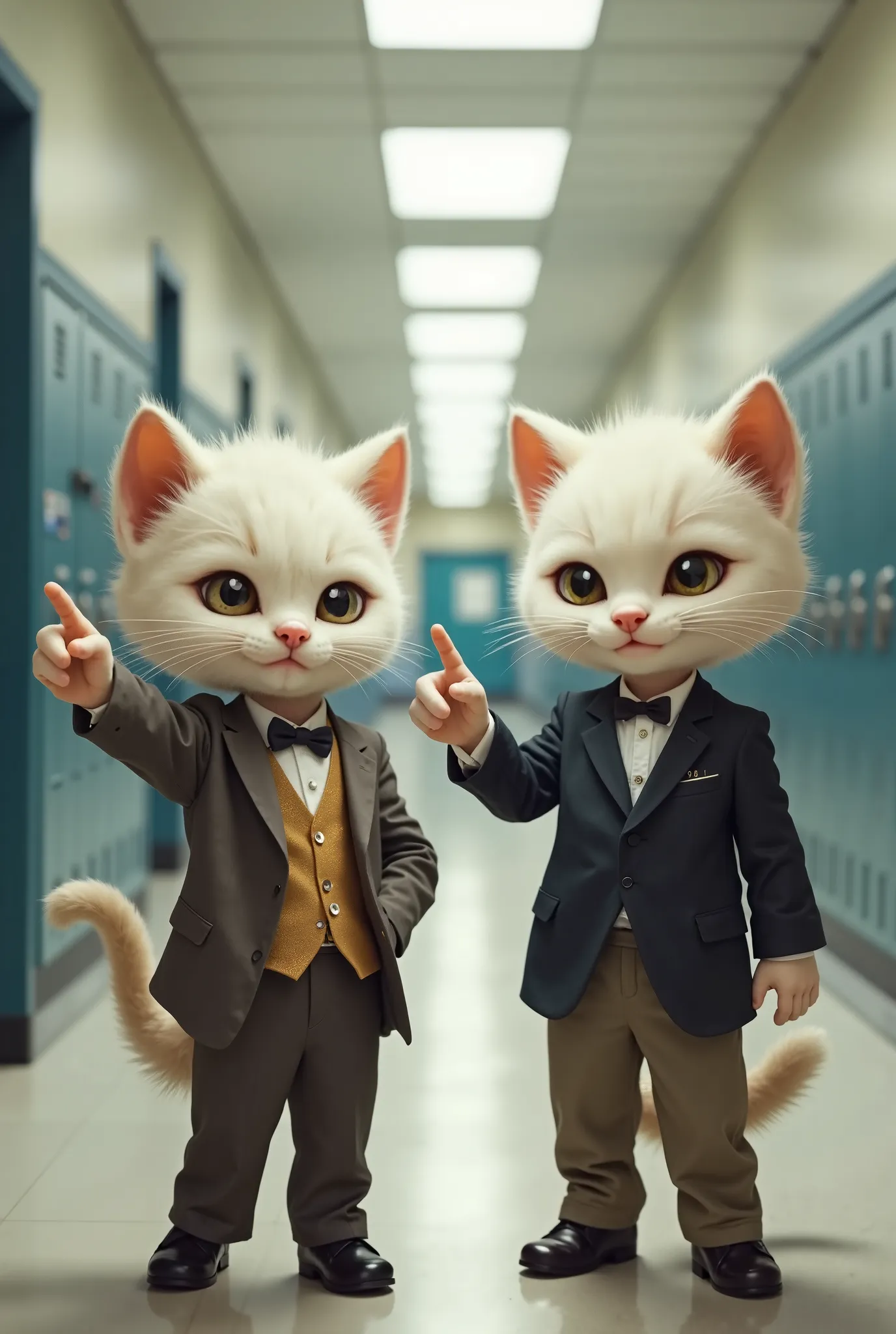 Two anthropomorphic white kitten cubs, well-dressed in elegant clothing, standing in a school hallway. They are pointing their index fingers at someone who is not shown in the image, with mocking expressions on their faces. Their eyes gleam with mischief, ...