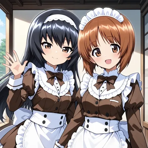 high resolution, top quality,  Super Quality  ,  two girls、smile、(Reizei Mako、  white hair band, black hair、 Brown Eyes, long hair）、Nishizumi Miho , 綺麗な Brown Eyes, Attractive brown eyes、 brown beautiful hair, bob cut )、 Maid Outfit、 (ビクトリア朝 Maid Outfit:1....