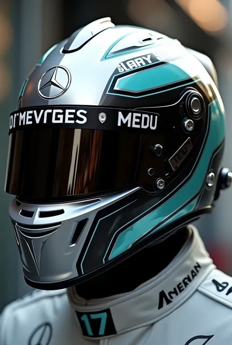 Design an F1 helmet for the Mercedes team with the number 17 inspired by fashion and vogue