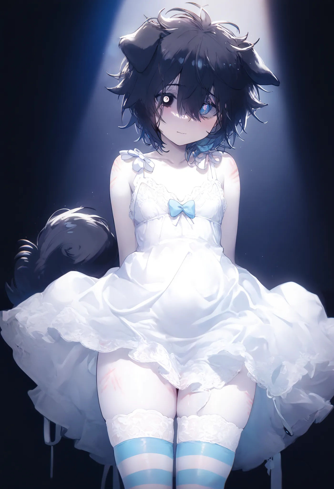 human hybrid dog boy, femboy, transboy, (black hair, short hair, messy hair, Pomeranian dog ears, ears down, ears flop, black void Eyes, (dark eye circles) light pale skin, white dress nightgown dress), with straps, (pastel blue bow on dress), white lace d...