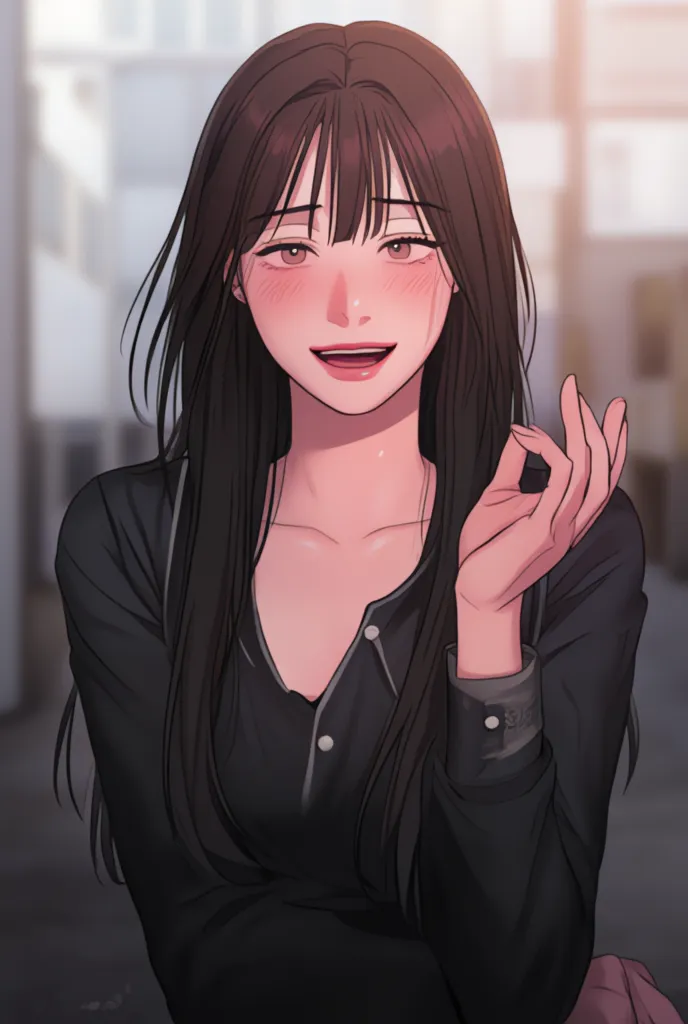  Girl with black hair, Bangs, similar to Kang Yuna,  blue eyes,  smirk,  Shoulder-Length Hair ,  University background , gesturing with the hand, sexy, popular,  black shirt