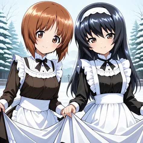 high resolution, top quality,  Super Quality  ,  two girls、smile、(Reizei Mako、  white hair band, black hair、 Brown Eyes, long hair）、Nishizumi Miho , 綺麗な Brown Eyes, Attractive brown eyes、 brown beautiful hair, bob cut )、 black and white maid clothes、 ( Vic...