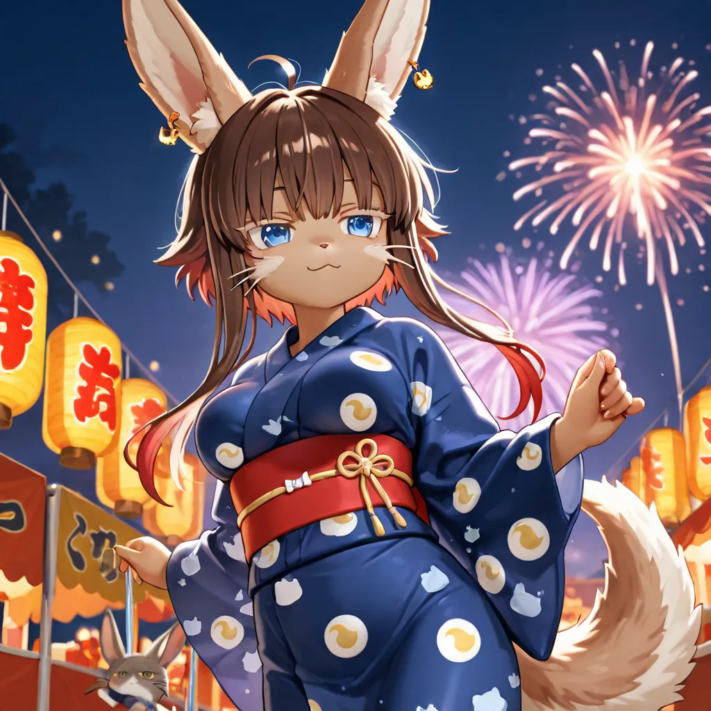 Una Narehate Nanachi, anthropomorphic body, cream-colored fur, cream-colored rabbit ears, short cat whiskers,  blue eyes, moon-shaped earrings with,  Slender Body Breasts, medium breasts, a blue yukata with moon prints, with an anthropomorphic male wolf, s...