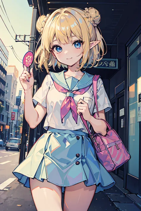 ( 1 elf girl holding a magic wand ),  sailor suit, student, スクールバッグをもつ,  Soaring Skirts , ( beautifulエルフの女の子), ( Super Quality ),  masterpiece, Casual Scene, kind smiles,  relaxed vibe ,  The sun's rays with a school bag give off warm colors, City Vibes , ...