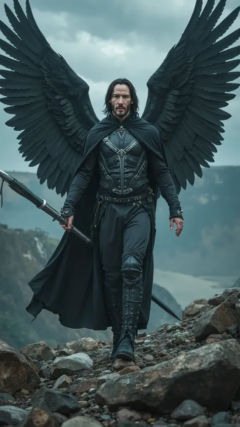Keanu Reeves reimagined as a majestic fallen angel with huge black angel wings with detailed feathers walking and holding spear、dramatic atmosphere, 1 male、
long, dark hair cascades past his shoulders in loose waves, partially veiling his sharp jawline a...