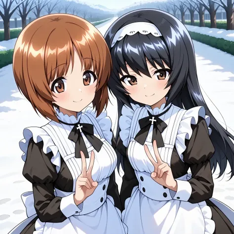 high resolution, top quality,  Super Quality  ,  two girls、smile、(Reizei Mako、  white hair band, black hair、 Brown Eyes, long hair）、Nishizumi Miho , 綺麗な Brown Eyes, Attractive brown eyes、 brown beautiful hair, bob cut )、 black and white maid clothes、 (blac...