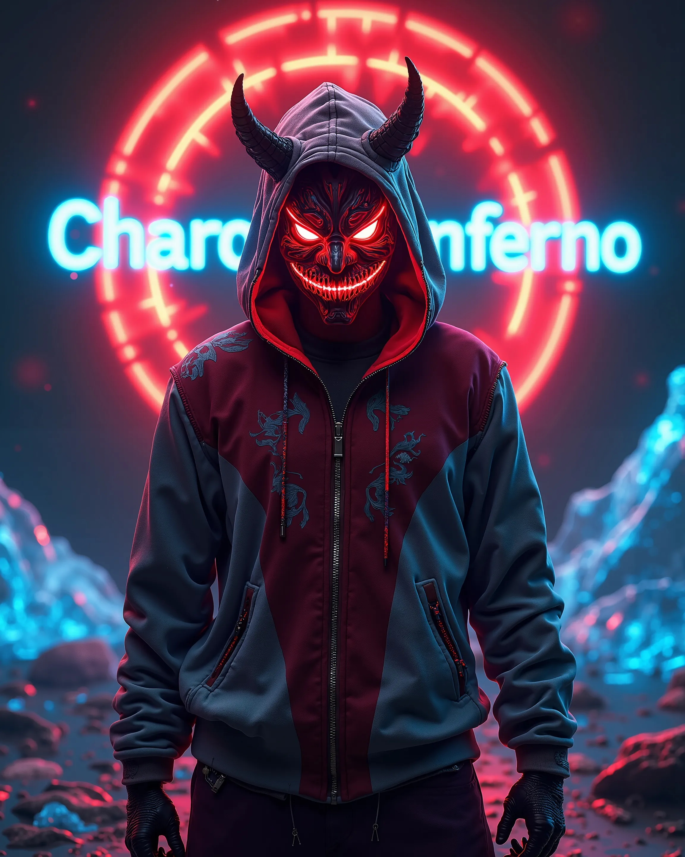 Person wearing a red and white hoodie (detailed clothing: 1.2), (accessories: 1.1), glowing in neon colors (digital art), (detailed drawing: 1.2) with a large circle of red fire on a black background and the text "CHARON INFERNO" in neon blue flame, center...