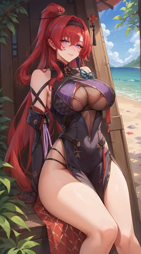 ((Yinlin, red hair, mole under eye, purple eyes, hair stick, hair ornament)), 1girl, huge breasts, huge butt, thick thighs, sensual woman, mature female, blushes, cleavage, full body, source_anime, quality_masterpiece, anatomically correct, beautiful face,...