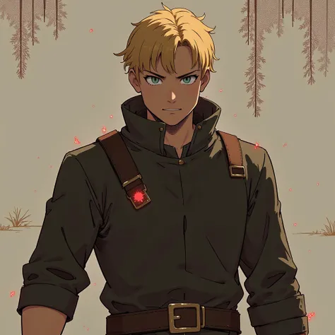 A man in late twenties. He has close-cropped blond hair. His face is lean and angular. He has piercing green eyes. He has lean and wiry build. His clothing is practical and functional, designed for movement and concealment. He favors dark, muted colors, bl...