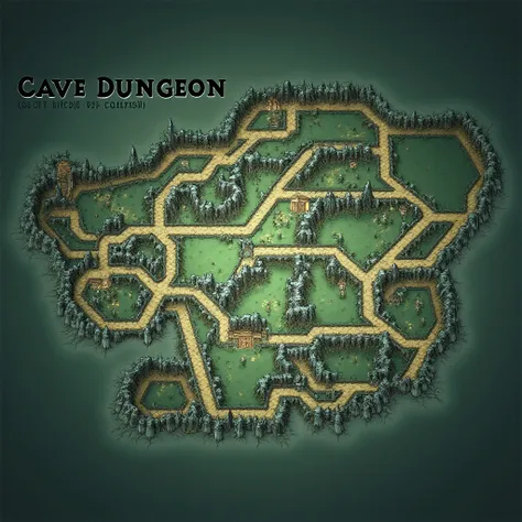 cave dungeon map, straight paths, map of cave system in a rpg, green hue