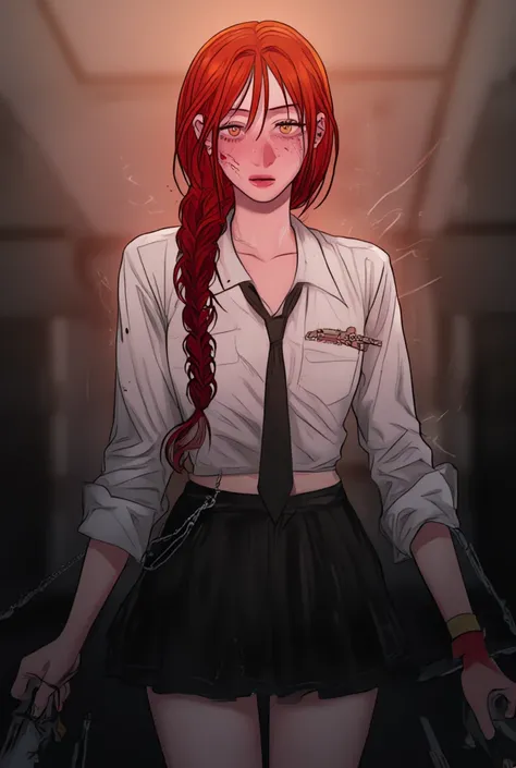 A woman with dark red hair with one braid, her eyes are gloomy bright yellow, a woman around 24 years old, wearing a white uniform with black tie, her uniform's sleeves are rolled up up to the wrist, she's wearing a long skirt, there's a chainsaw strap vis...