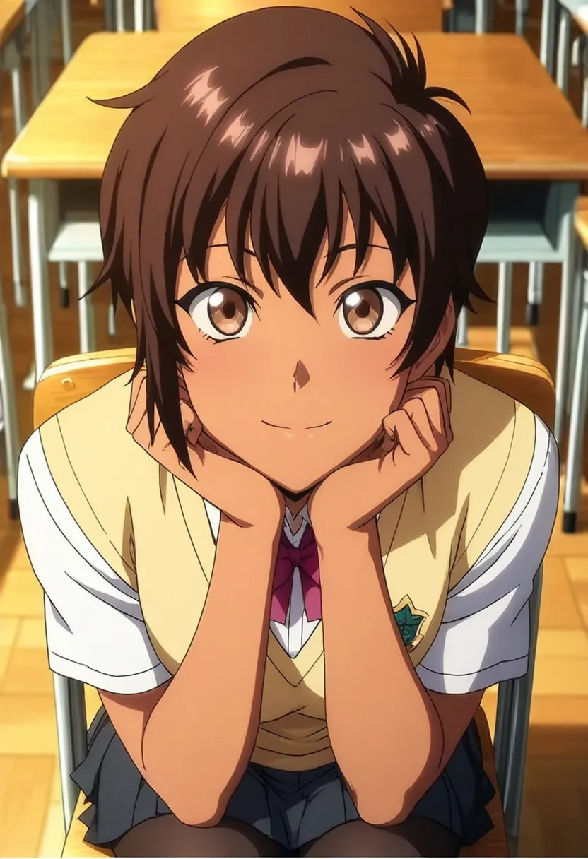 (anime screencap, masterpiece, best quality), 1girl, lite smile, looking at viewer, close up face, sitting on the chair, classroom, daytime,
BREAK
dark skinned female, brown hair, short hair, brown eyes, school uniform, pantyhose