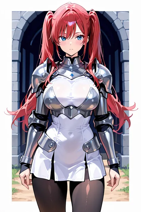 MASTERPIECE, BEST QUALITY, ULTRA DETAILED, HIGH DEFINITION, ILLUSTRATION, HYPER DETAILED, ALONE, 1girl, slender, medium-large breasts, redhead, blue eyes, long hair, bangs, hair partially loose, twintails. Outfit, short white dress, long sleeves, black tig...