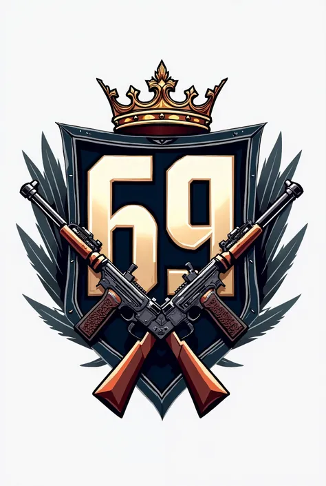 Make a logo with the number 69 with a crown above the number and below the number firearms