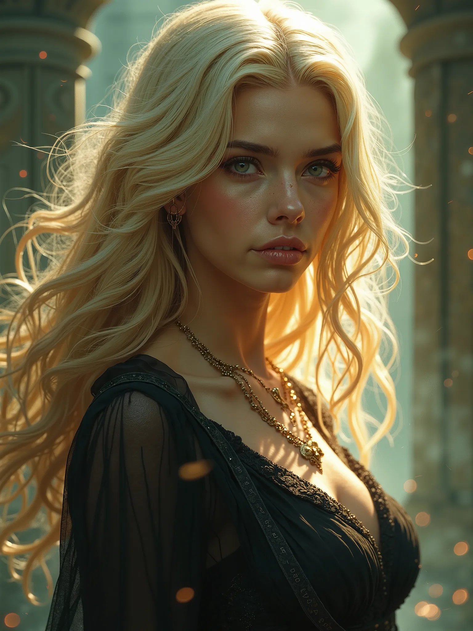 Dungeons and Dragons, female Necromancer, beautiful face, very long blonde hair, fantasy background, sexy, seductive, high detail, masterpiece.