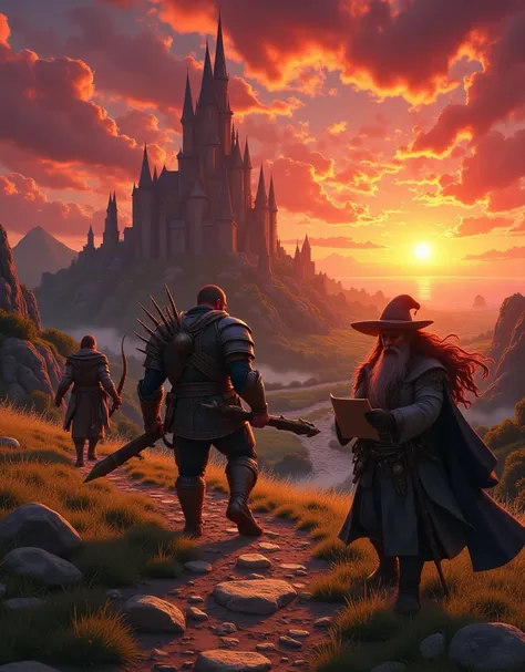 a group of 3 adventurers (Fantasy and RPG style) walk down a hill towards a dark castle in the distance,  at sunset ,Bloody sunset, The Sorcerer's Dark Castle(the terrifying black magician's castle ), hillock, path ,3 adventurers( 1orc warrior in knight ar...