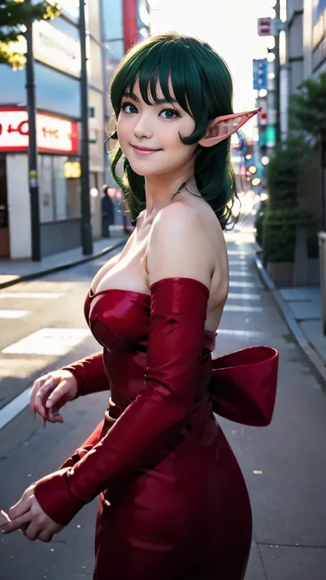  ((masterpiece,best quality,ultra-delicate,Perfect Face,16k,very detailed eyes,high resolution,very beautiful girl:1.5,very cute japanese girl:3.5,((realistic photo,sharpness,raw photo,very clear photo)))),bright green hair:9.0,Red strapless bodycon tube d...