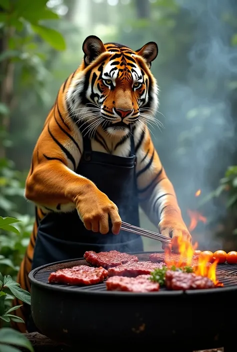 Tiger’s Jungle BBQ – A majestic tiger wearing a chef’s apron, grilling juicy steaks and vegetables over an open flame in the middle of a lush jungle. The tiger is carefully flipping the meat with a pair of tongs while smoke rises into the air.