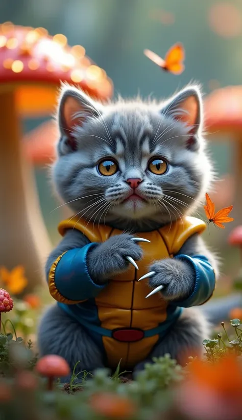 A chubby British Shorthair kitten with velvety, silver-blue fur sits proudly in a lush, dreamlike garden filled with oversized glowing mushrooms and fluttering butterflies. The golden and blue Wolverine suit hugs its round belly, and the metallic claws shi...