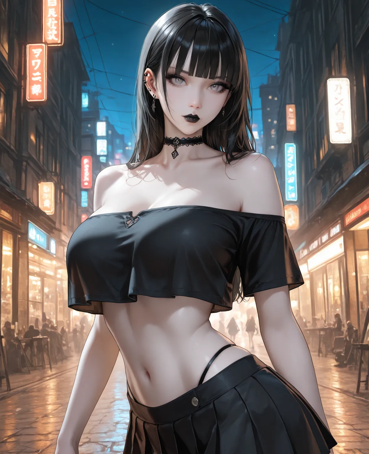 masterpiece, best quality, absurdres, very aesthetic, semrealistic, BREAK, 1girl, solo, large breasts, huge ass, narrow waist, hourglass figure, exposed waist, collarbone, bare shoulders, pale skin, grey eyes, blunt bangs, black hair, BREAK, strapless blac...