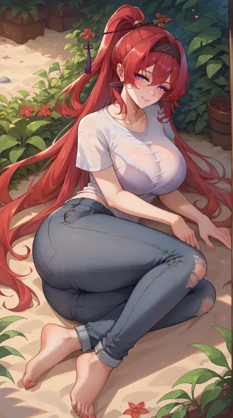 ((Yinlin, red hair, mole under eye, purple eyes, hair stick, hair ornament)), 1girl, huge breasts, huge butt, thick thighs, sensual woman, mature female, blushes, cleavage, full body, source_anime, quality_masterpiece, anatomically correct, beautiful face,...