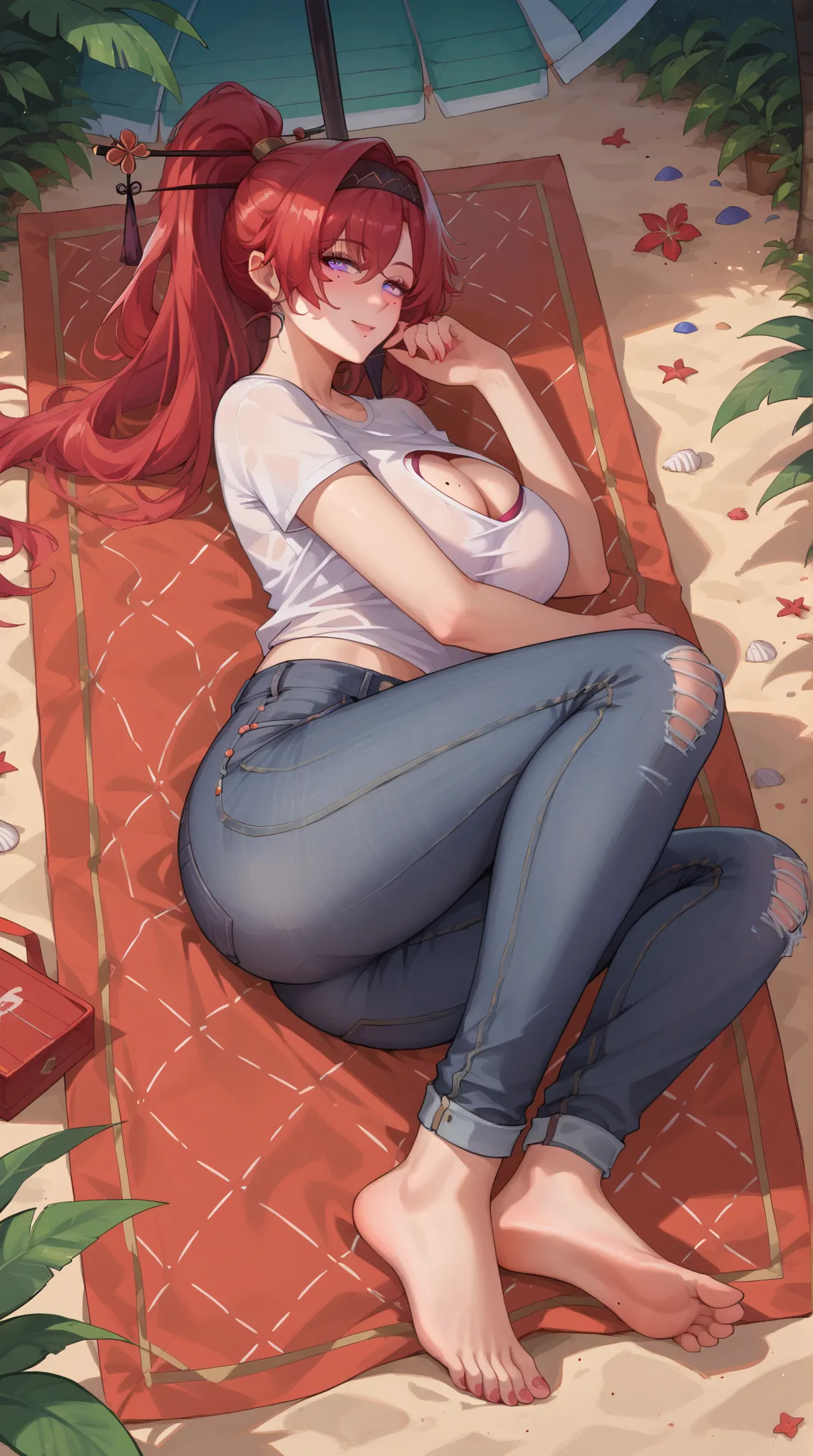 ((Yinlin, red hair, mole under eye, purple eyes, hair stick, hair ornament)), 1girl, huge breasts, huge butt, thick thighs, sensual woman, mature female, blushes, cleavage, full body, source_anime, quality_masterpiece, anatomically correct, beautiful face,...